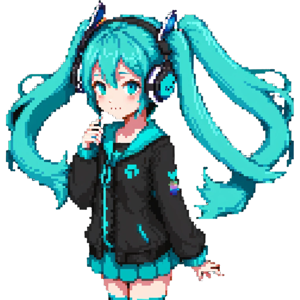 Hatsune Miku with teal twin tails, headphones, and signature outfit emoji