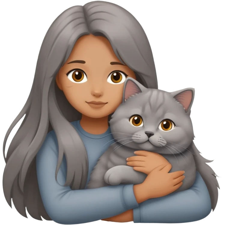 A long-haired girl hugs a British Shorthair emoji