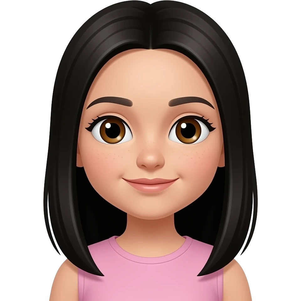 Una niña de piel trigueña clara con hoyuelos en las mejillas y ojos algo grandesitos color cafés cabello largo liso color negro pero el cabello largo emoji