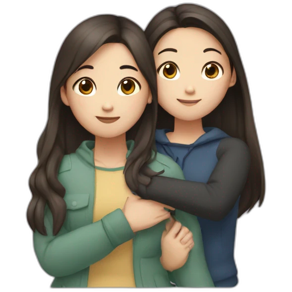 Two girls friends one dark hair, second girl is asian with long brown hair hugging each other emoji