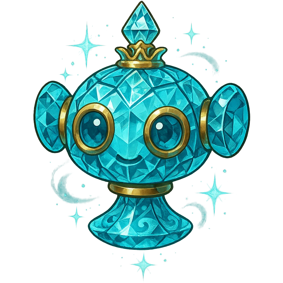 crystal, luxurious elixir bottle in the shape of a cute robot head, cyan color, lots of shining, facets, ornaments, golden details, magical effects, very small golden collar, transparent background, beautiful merging base, clearly floating in the air, no base or shadow, very luxurious, friendly, playful, matching the collection emoji