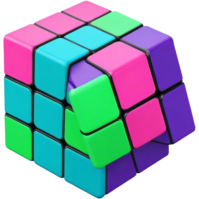 A 3x3 Rubik's Cube in mid-turn, showing movement, with vibrant 90s American colors like neon green, purple, turquoise and hot pink emoji
