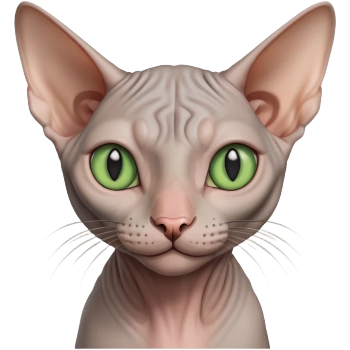 gray hairless Sphynx cat with green eyes, smiling emoji