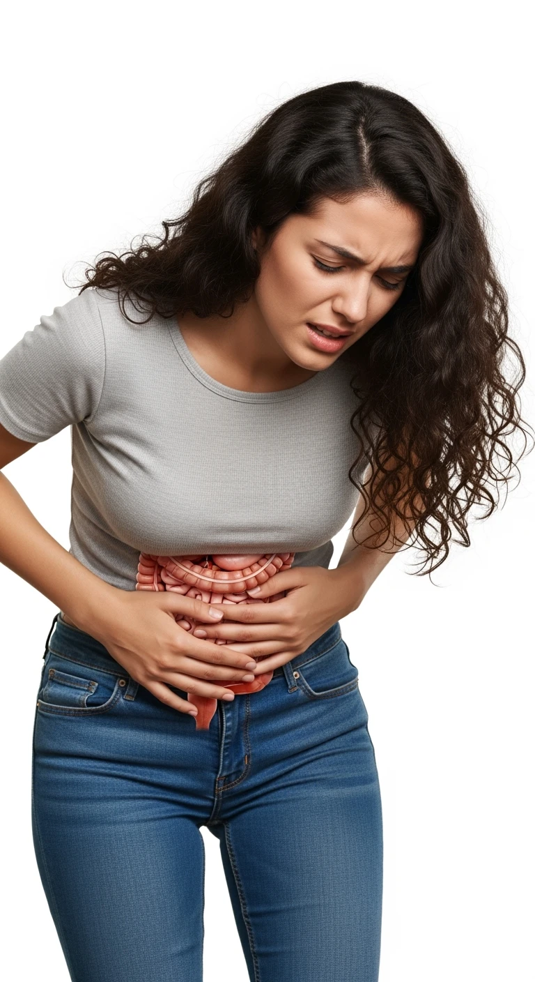 donna giovane piegata in avanti con mal di pancia e INTESTINO UMANO ANATOMICO IN EVIDENZA, iperrealistica 4k, ISOLATA SU SFONDO BIANCO emoji