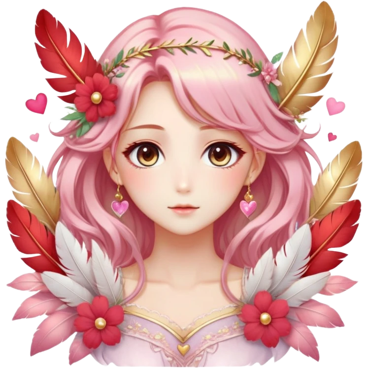 Dreamy pretty pastel anime flowers feathers hearts divine laurel lady with pretty hair and gorgeous eyes, romantic aesthetic, reds, pinks, golds, whites, gradient hues, shiny, sparkly, cute, beautiful, sexy emoji