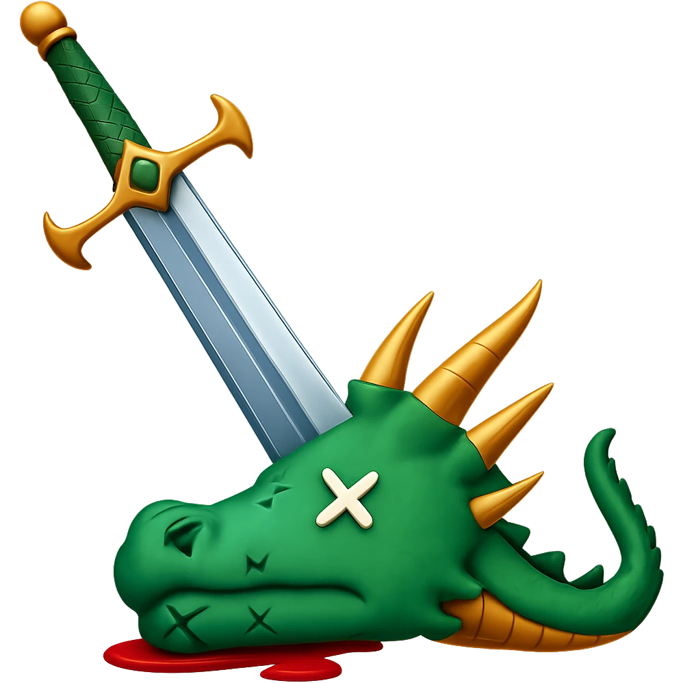Make the sword much larger, keep the green dragon's head defeated, symbolizing conquering a challenge, in WhatsApp emoji style with no background. emoji