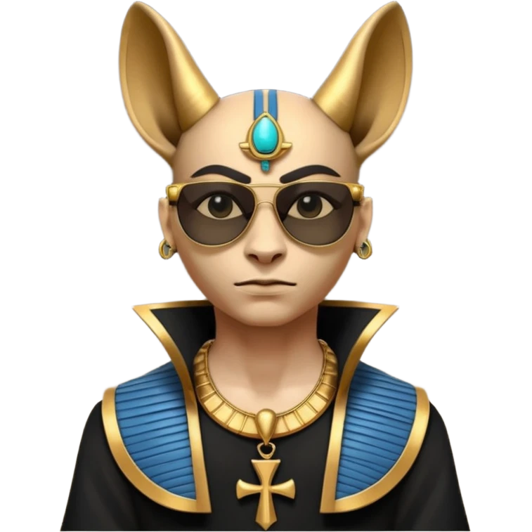 3D cartoon horned character portrait, wearing sunglasses, gothic ancient Egyptian style, pharaoh collar, dark gold and black outfit, ankh symbols, Egyptian jewelry, mysterious expression, soft dramatic lighting, centered, clean background, no text, no watermark emoji