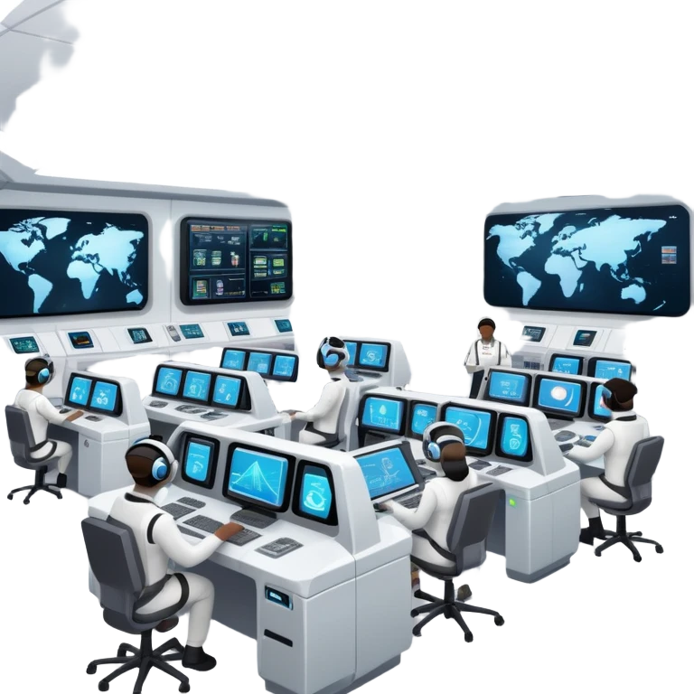 futuristic space mission control room with holographic displays and mission controllers at stations emoji