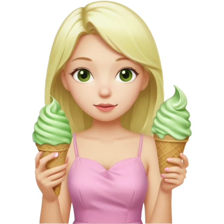 girl blonde long hair in pink dress,  eating matcha ice cream emoji