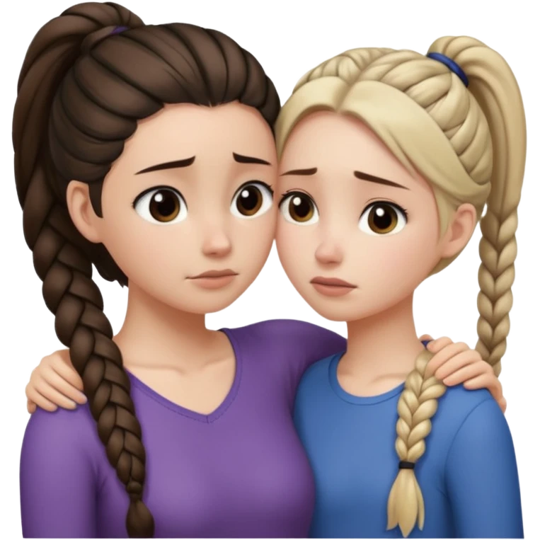 Comforting Hug two white skin women, one shorter woman with medium brown simple top ponytail, not braided, and one taller skinny sad face woman with a single long black side braid emoji