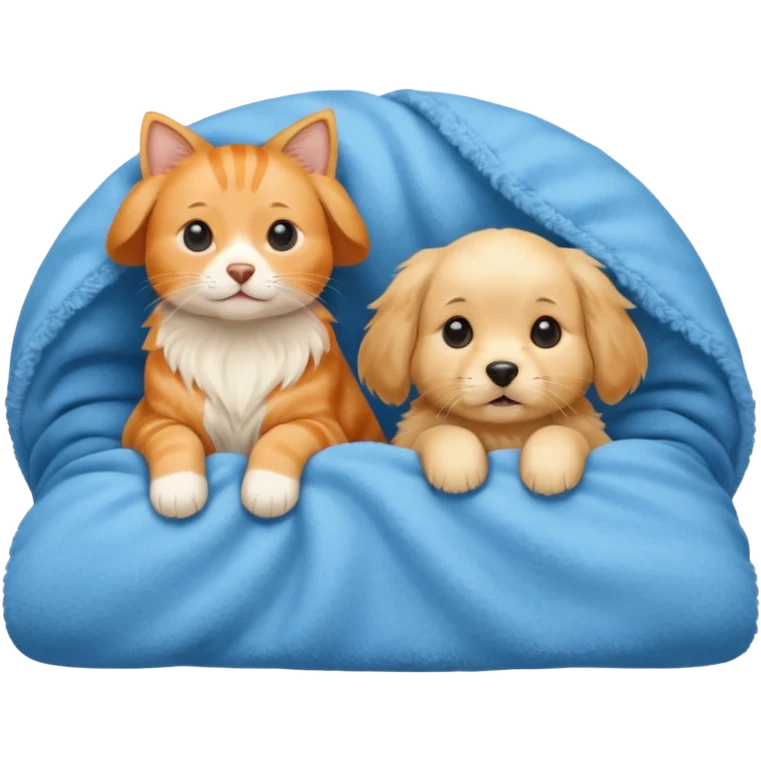 An Orange cat and an English cream retriever dog in a blue blanket  emoji
