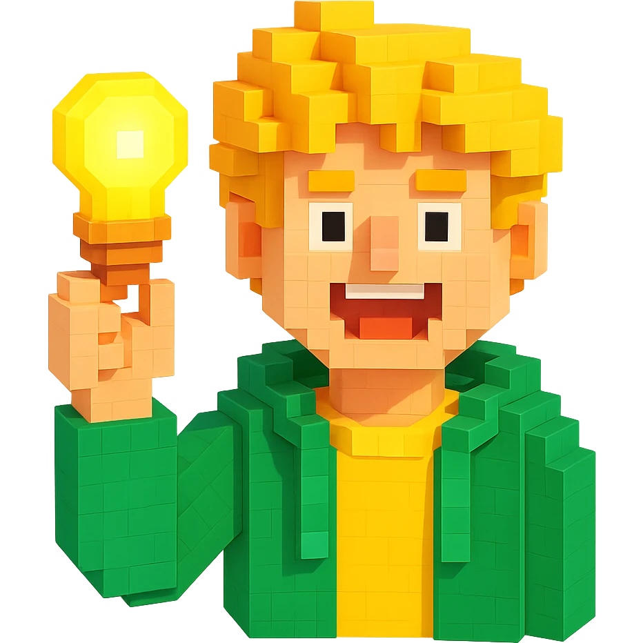 bright and expressive male visionary, fair skin, tousled golden hair, wide joyful eyes, wearing a green hoodie over a yellow tee, one hand raised with a glowing lightbulb, waist-up, front-facing emoji
