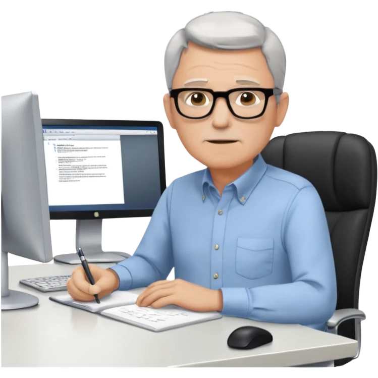 un uomo di circa 60 anni, capelli corti e brizzolati, occhiali con montatura nera, seduto ad una scrivania in un grande ufficio vuoto, tutto bianco, con il mobilio bianco, davanti a tre monitor ed un notebook, che lavora scrivendo software emoji