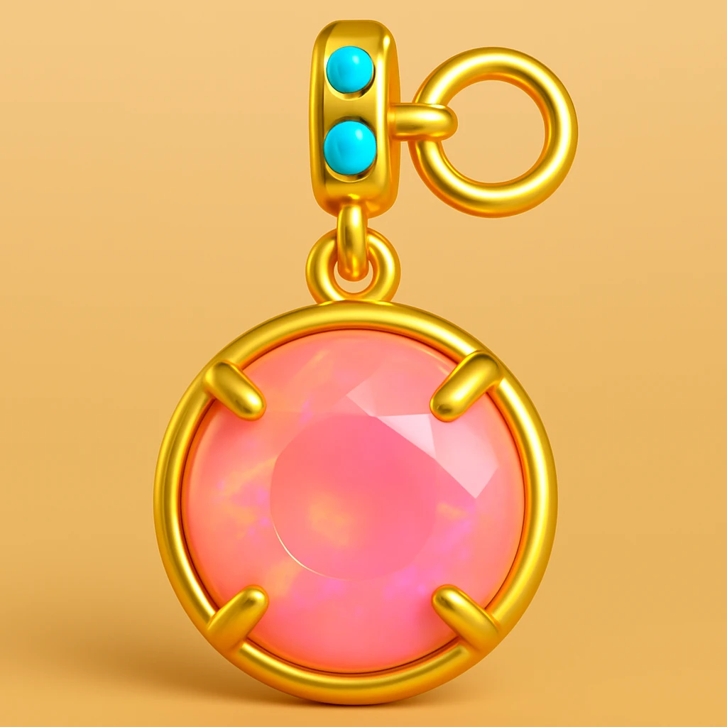 change the silver setting and jump ring to gold, keep the round cut pink fire opal and Y2K style, extreme close-up, 3D emoji style emoji