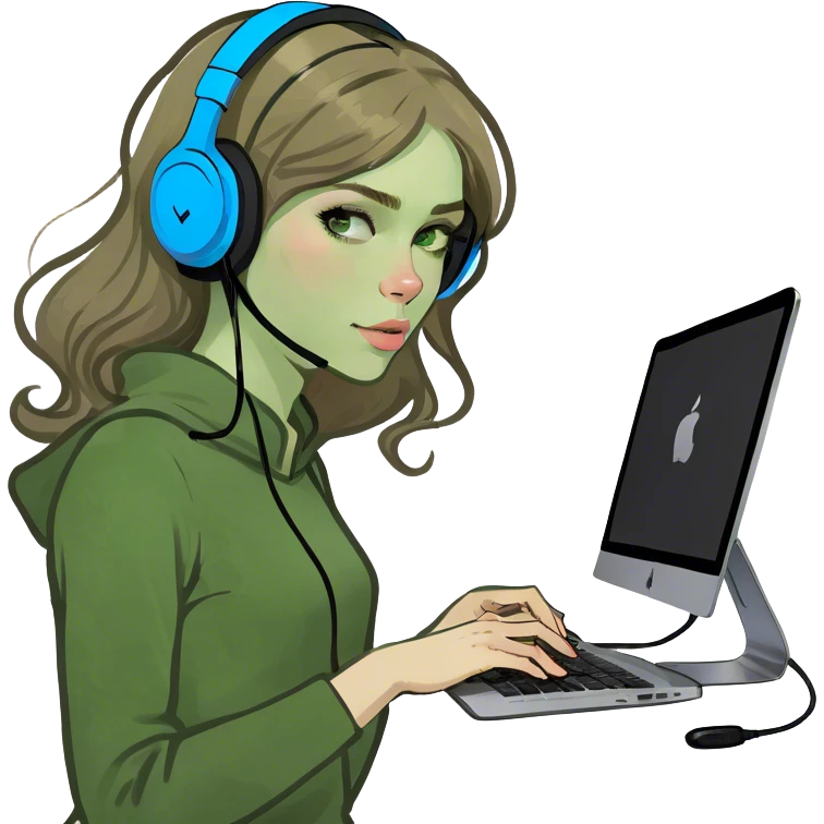 Pale skin girl with blue eyes, and dark blonde hair working with Mac  emoji