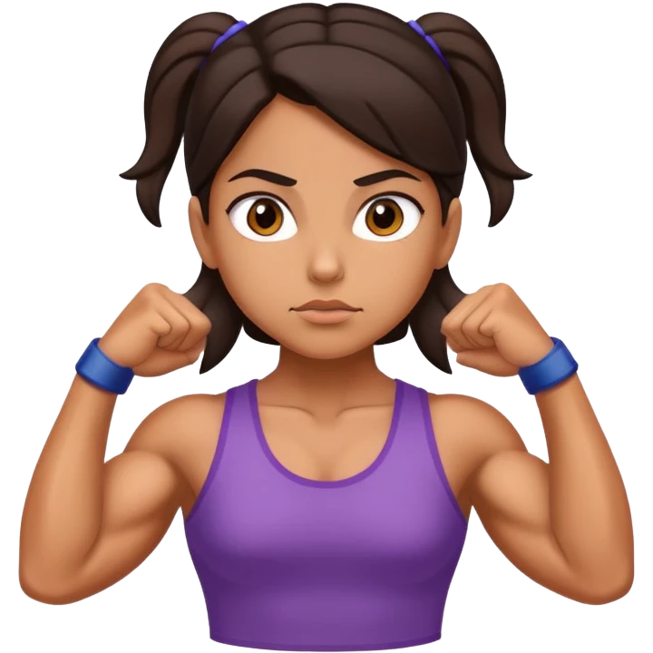 Hispanic girl determined look, muscles emoji