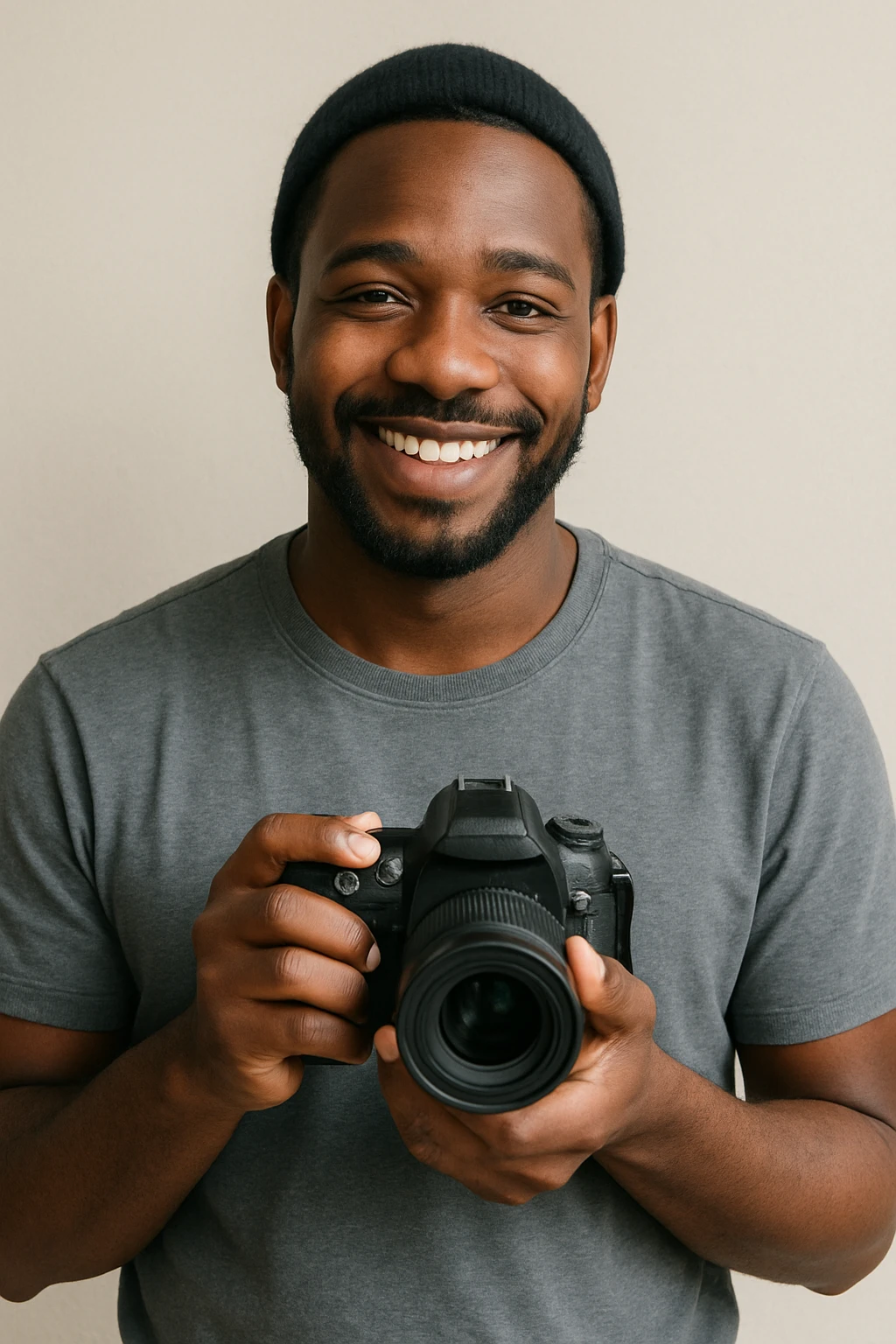 A black man holding a camera, friendly expression, casual clothing, simple background. emoji