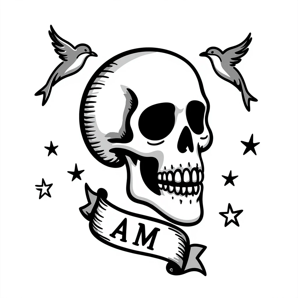 Old school Americana tattoo skull with nautical stars and swallows emoji