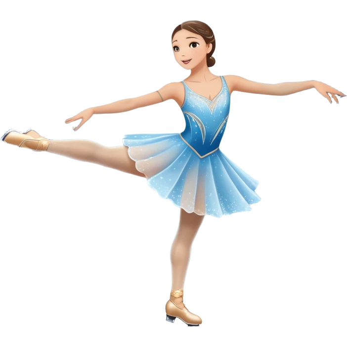 An icon showing a graceful figure skater mid-spin on a sparkling ice rink, wearing an elegant costume. The background features festive arena lights, snowflakes, and cheering spectators. Transparent background captures the beauty, artistry, and elegance of figure skating. emoji