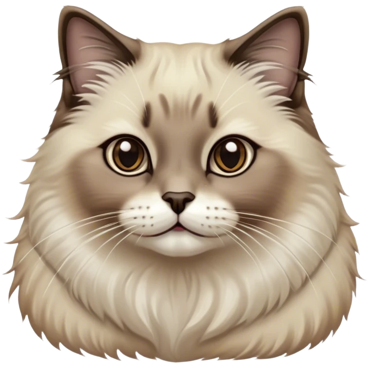 Cinematic Adorable Fluffy Brown Seal Ragdoll Cat Portrait Emoji, Head tilted elegantly with big, sparkling eyes, soft brown fur with darker seal points on the ears, face, and paws, Simplified yet regal features, highly detailed, glowing with a soft, warm glow, high shine, affectionate and playful, stylized with a touch of grace, bright and endearing, soft glowing outline, capturing the essence of a majestic and loving kitty, so elegant it feels like it could spring into motion with a regal leap! emoji