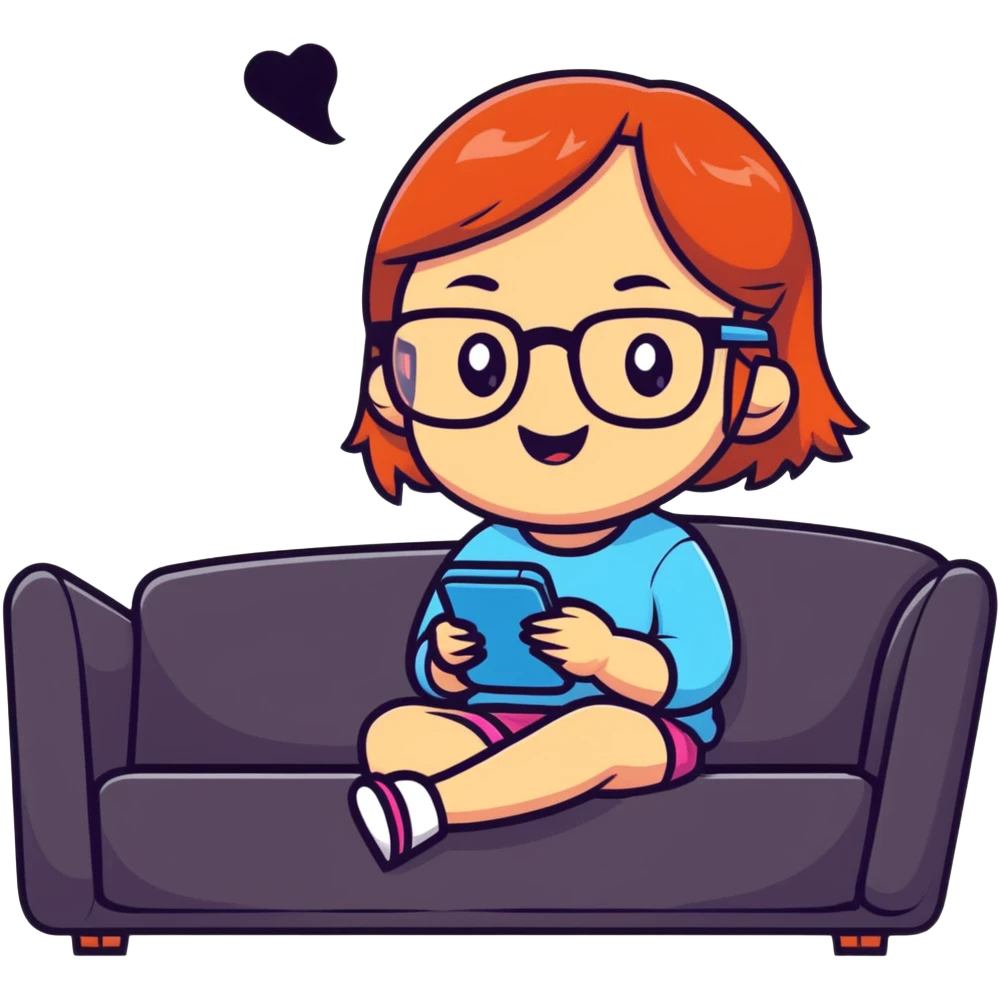 A cute young girl with glasses sitting on a couch, happily playing a mobile phone game with a cheerful expression emoji