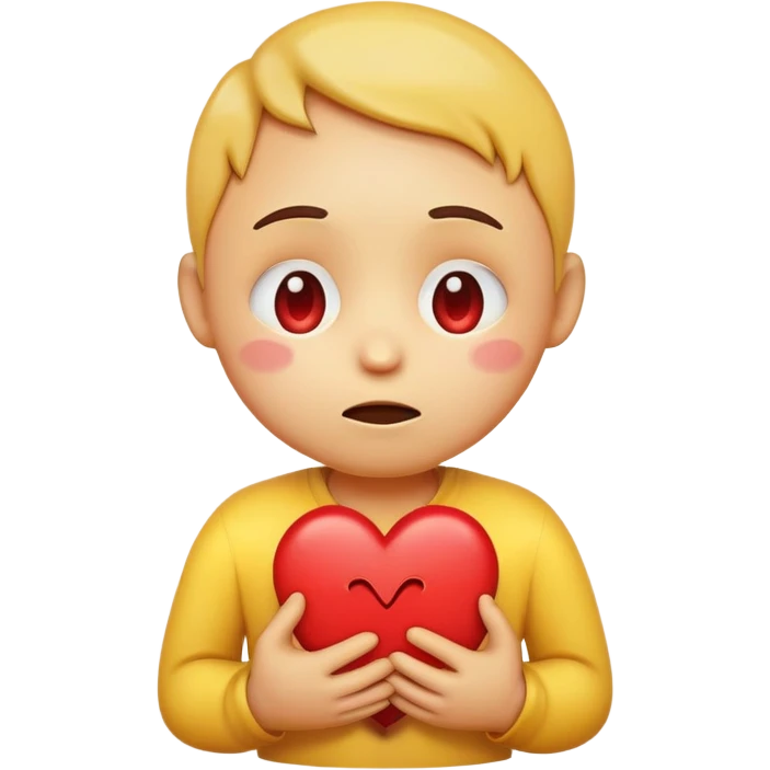 > "A round yellow emoji face with big, shiny, teary eyes, holding a red broken heart close to its chest with both hands, showing a caring and comforting expression, 2D digital art, soft shading, simple background." emoji