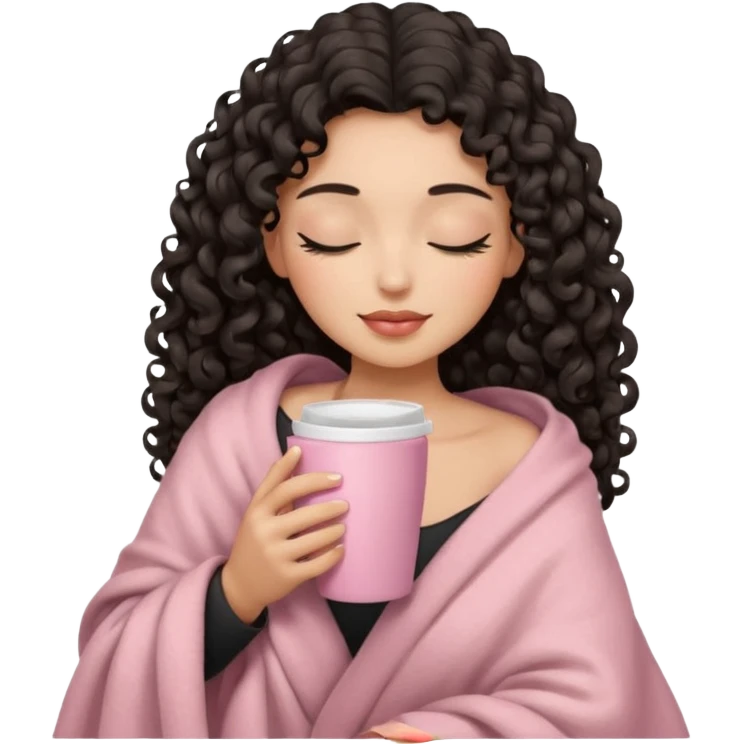 woman with hispanic medium skin tone, black long 3b curls, closed eyes, feminine face, holding soft pink coffee cup with beige blanket over shoulders emoji