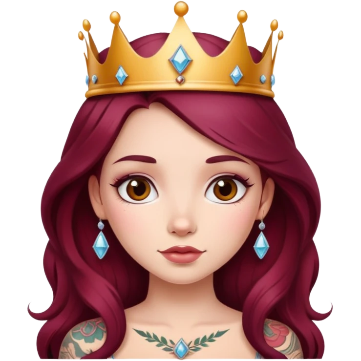 Beautiful tattooed long burgundy haired girl wearing a princess crown emoji