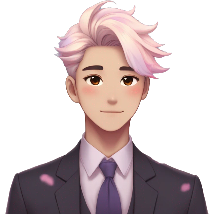 Gorgeous romantic anime style Asian formal modern gentlemanly guy with pretty hair and flower petals and blushing face aesthetic trending style outside with colorful gradient colors  pastelcore cottagecore kawaiicore emoji