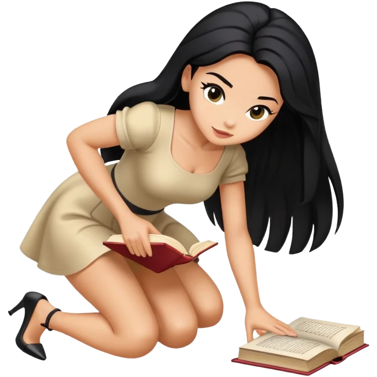 Bimbo in heels, mini dress, long black hair tanned, hot, bending to pick up book from ground, hot,  only book.  emoji