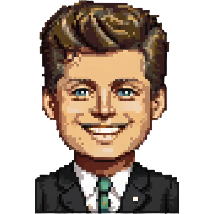 John F Kennedy with his classic hairstyle and smile emoji