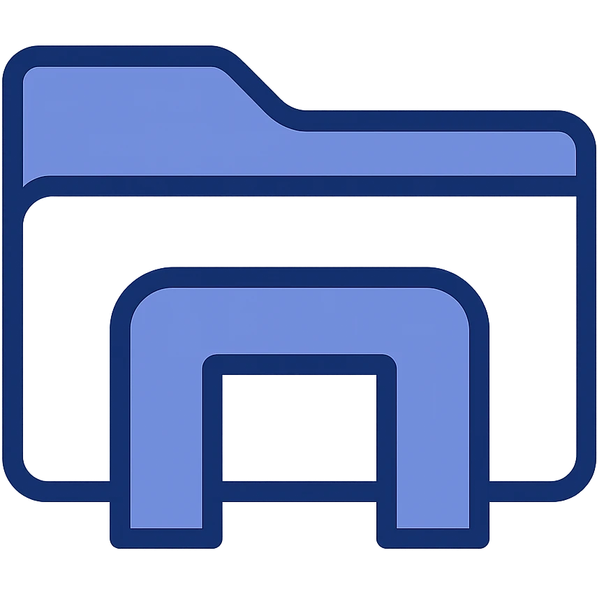 Fuse the blue folder icon with the File Explorer icon. Use the blue folder as the base and add the blue 'bridge' element from the File Explorer icon to the front of the folder. Keep the style flat and modern, with a fully transparent background. Prioritize clarity, recognizability, and consistency with the other icons. emoji