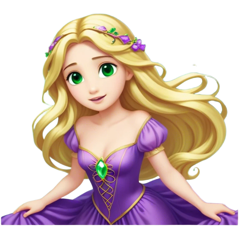 Cinematic Stunning Rapunzel Portrait Emoji, Golden hair cascading in a luminous waterfall, big emerald-green eyes full of wonder, wearing her iconic purple gown, radiating beauty and magic, glowing with fairy-tale charm! emoji