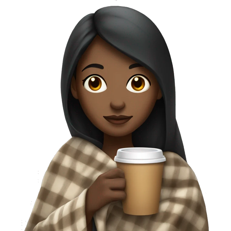 Brown skin girl with straight black hair in a blanket holding coffee emoji
