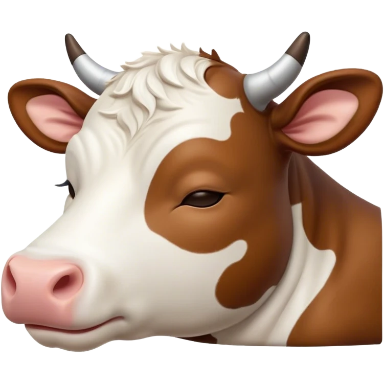Meme-Worthy Cute Sleeping Brown and White Cow Portrait Emoji, Head resting peacefully with a contented smile, showcasing a robust build and a luxuriously soft patterned hide of brown and white, eyes shut in a serene, restful nap, Simplified yet hilariously adorable features, highly detailed, glowing with a soft, drowsy light, high shine, relaxed and utterly lovable, stylized with an air of playful laziness, bright and heartwarming, soft glowing outline, capturing the essence of a comically sleepy cow, so meme-worthy it feels like it could instantly become the next viral sensation of adorable slumber! emoji