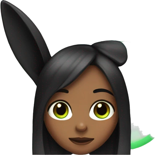Girl's face black long hair Left eye blue a right green black bunny ears emoji