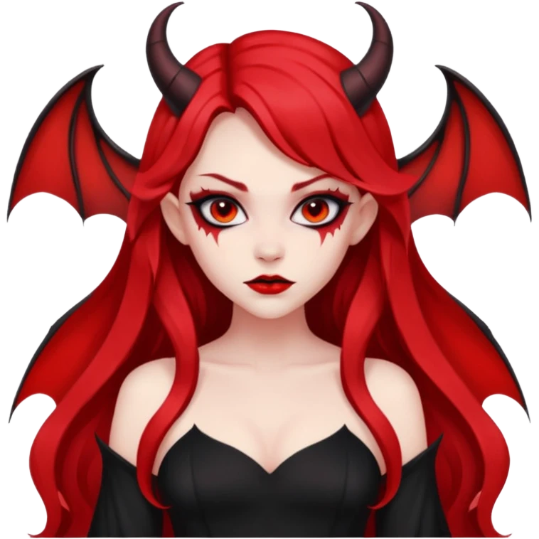 demon girl, skin red , black long hair, small horns, bat wing, black open-back dress, bold black outlines, red+black palette emoji