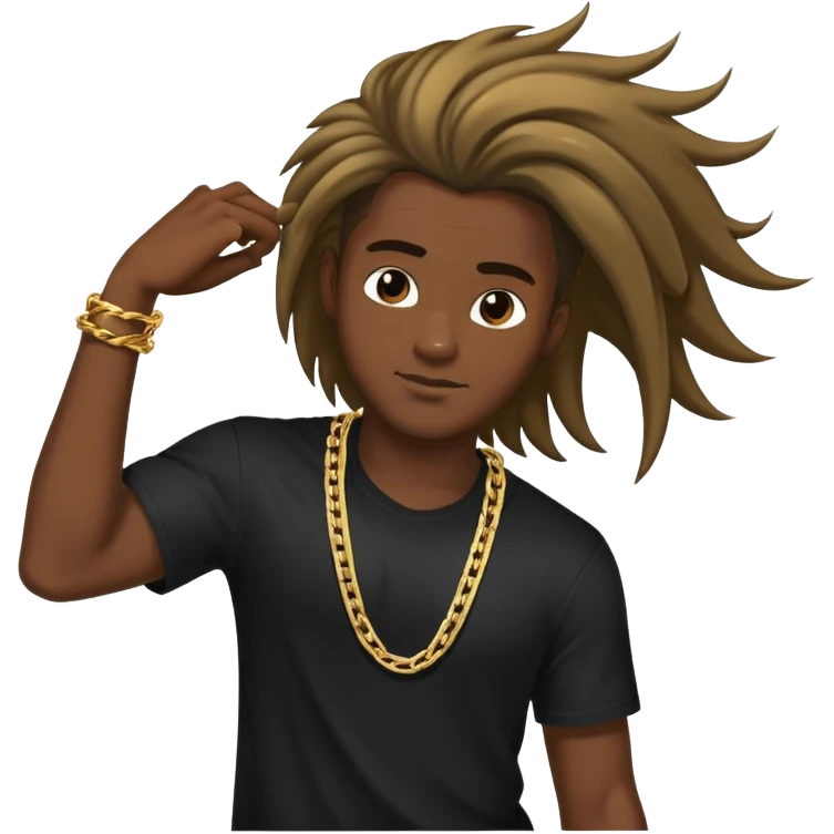 Black male with black shirt and chain swiping hair to the side motion emoji