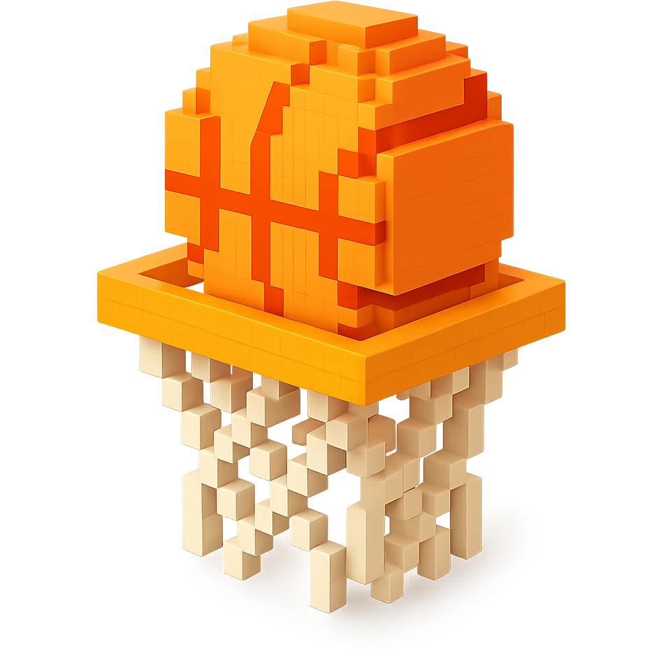 A voxel-style basketball in a net, monochromatic and sleek emoji