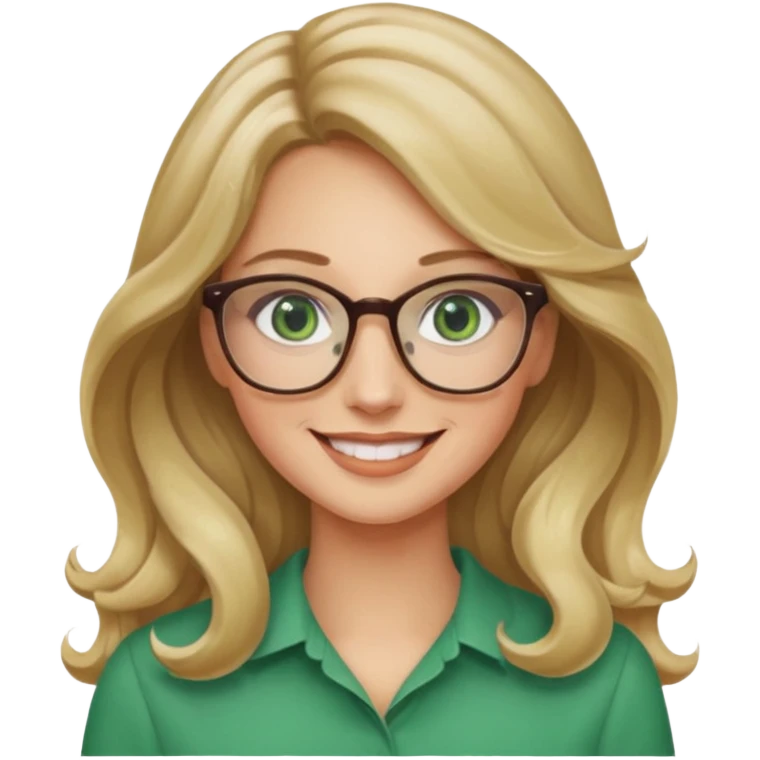 long wavy darker blonde hair woman with green eyes and glasses smiling emoji
