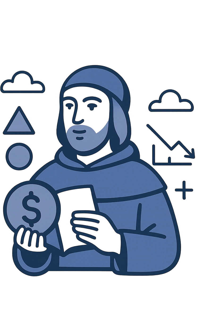 flat design logo for a fintech startup, referencing Luca Pacioli, with abstract mathematical symbols and clean lines emoji