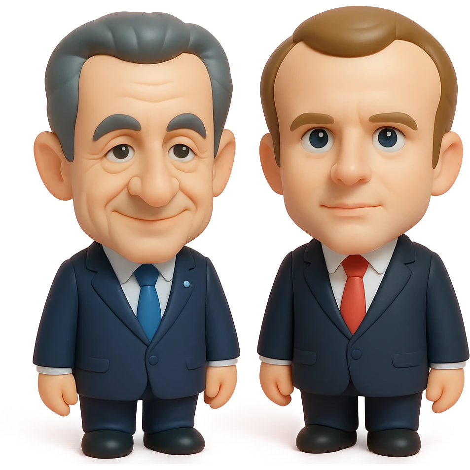 3D chibi digital caricature of Nicolas Sarkozy (left) and Emmanuel Macron (right) standing side by side, oversized heads, small realistic bodies, Sarkozy in navy suit, white shirt, blue tie, slight smile, Macron in dark navy suit, white shirt, red tie, confident neutral expression, semi-realistic textures and lighting, soft shadows, highly recognizable faces, not overly cartoonish emoji