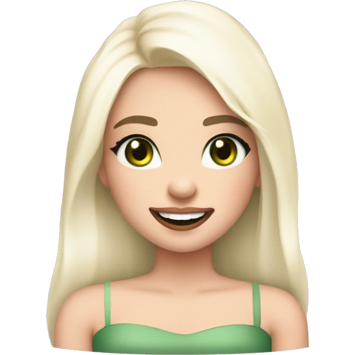 beautiful girl with fair skin, high cheek bones orange blush, long straight shiny dark brown hair, big green eyes and big pale pink lips. Long thick eyelashes. Wearing a cream bustier.  She is laughing emoji