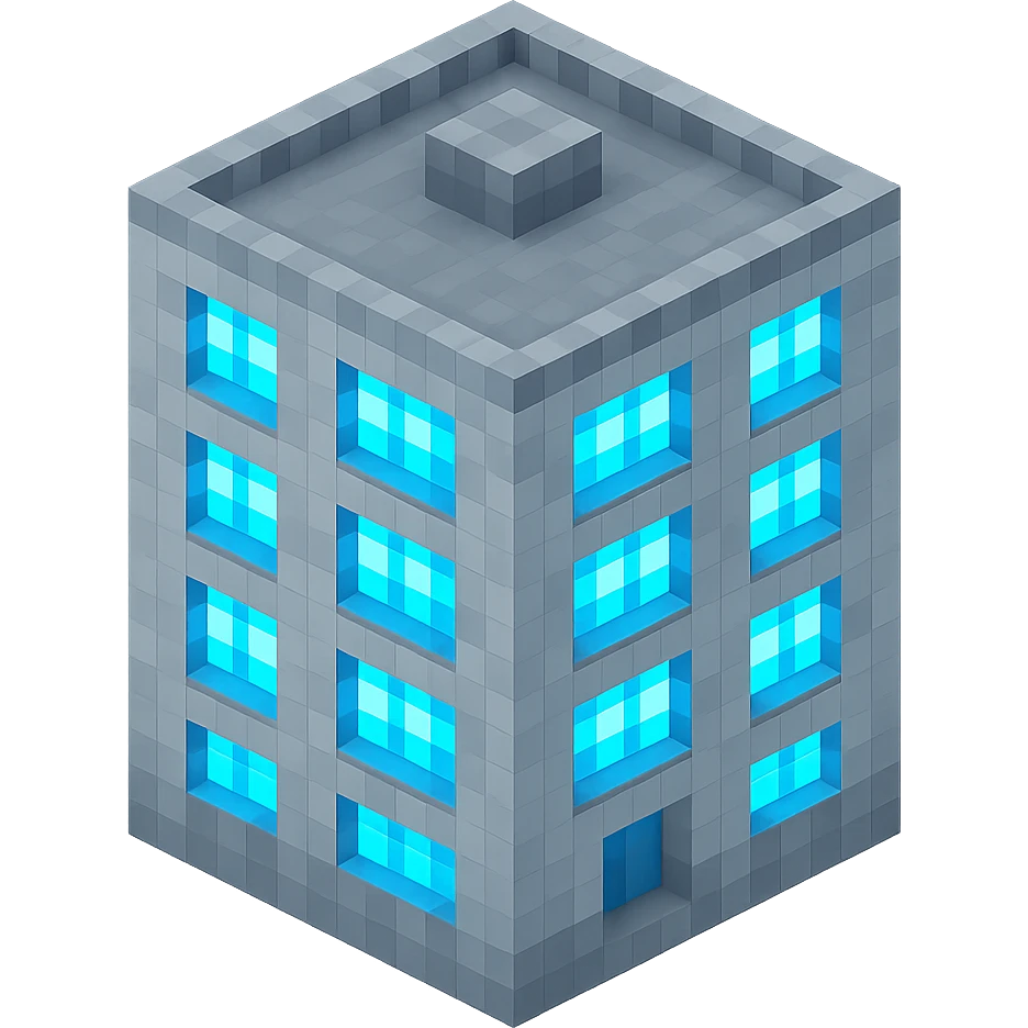 Russian panel apartment building, compact square block, light gray, UV glowing windows, isometric view emoji