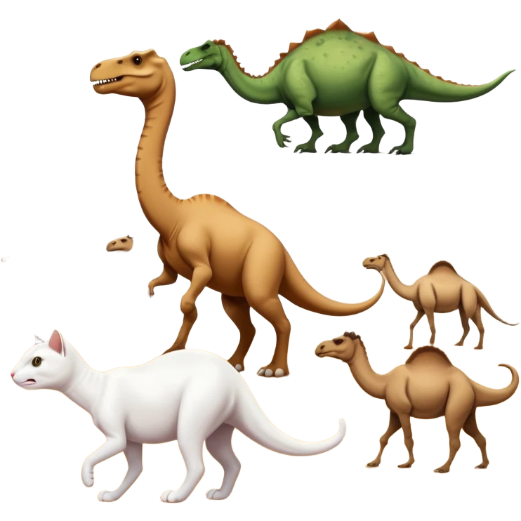 A white cat chasing a T-Rex in the desert with a herd of camels staring at them emoji