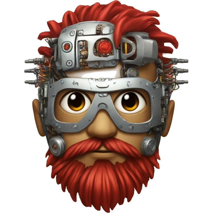 cyborg head with Silver mohawk, red steampunk goggles, long red beard and circuits emoji