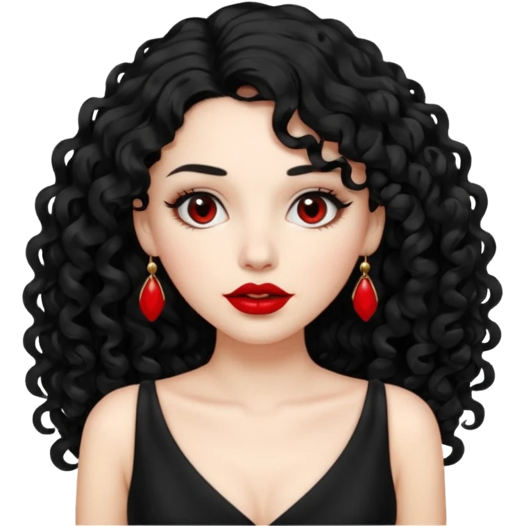 long black curly hair with white skin black dress and lipstick emoji