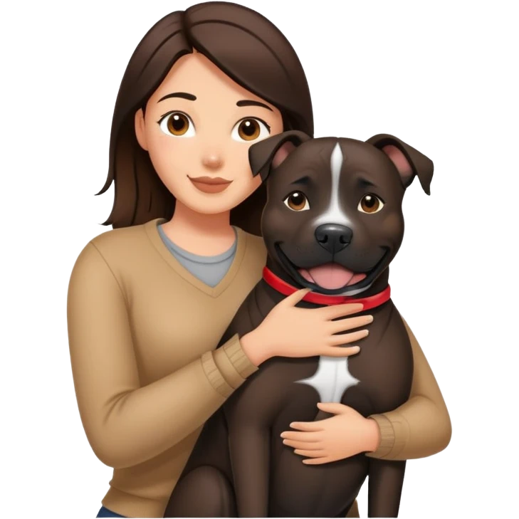 Brunette hugging happy big black amstaff dog emoji