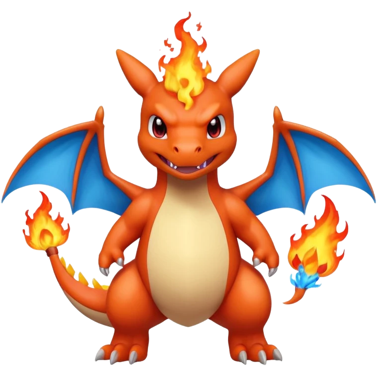 cute minimalistic red charizard pokemon throwhing flames 2 horns, blue wings only on the inside part emoji