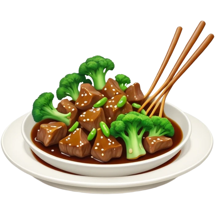 Beef with Broccoli in oyster sauce, simplified emoji style with bold outlines and bright colors, cartoon style stir fried Xi Lan Hua Niu Rou emoji